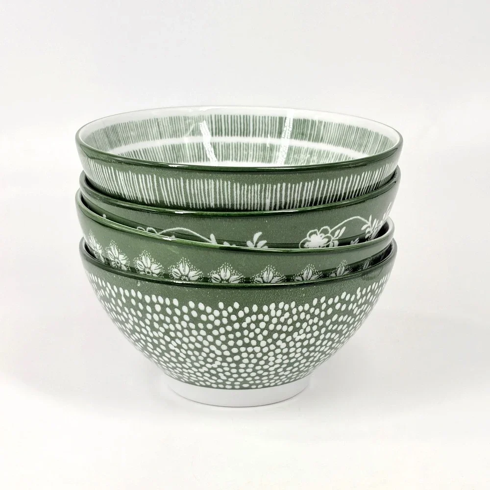 IKEA Entusiasm Mixed Pattern Green Bowls Set of 4 Floral Dot Stripe Soup Cereal